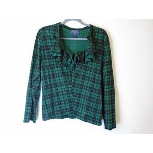 Chaps Classics Black Green Plaid Ruffle Neckline Women Sz XL with Stretch